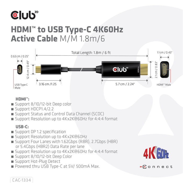 EAN 8719214472054 - CLUB3D CAC-1334 adaptador de cable de vídeo 1,8 m HDMI tipo A (Estándar) USB Tipo C imagen 4