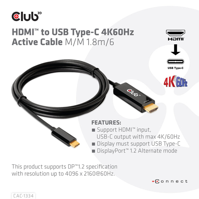 EAN 8719214472054 - CLUB3D CAC-1334 adaptador de cable de vídeo 1,8 m HDMI tipo A (Estándar) USB Tipo C imagen 3