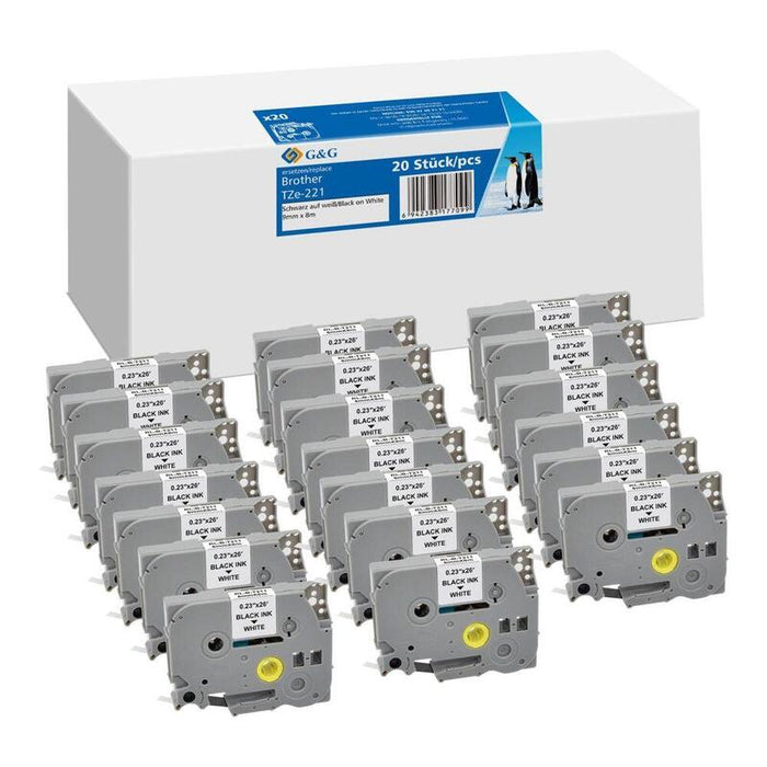 20x G&G Schriftband 9mm X 8m Sw- Ws Komp. M. Brother Tze-221