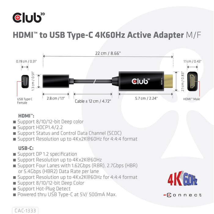 EAN 8719214472047 - CLUB3D CAC-1333 adaptador de cable de vídeo 0,22 m HDMI tipo A (Estándar) USB Tipo C Negro imagen 4