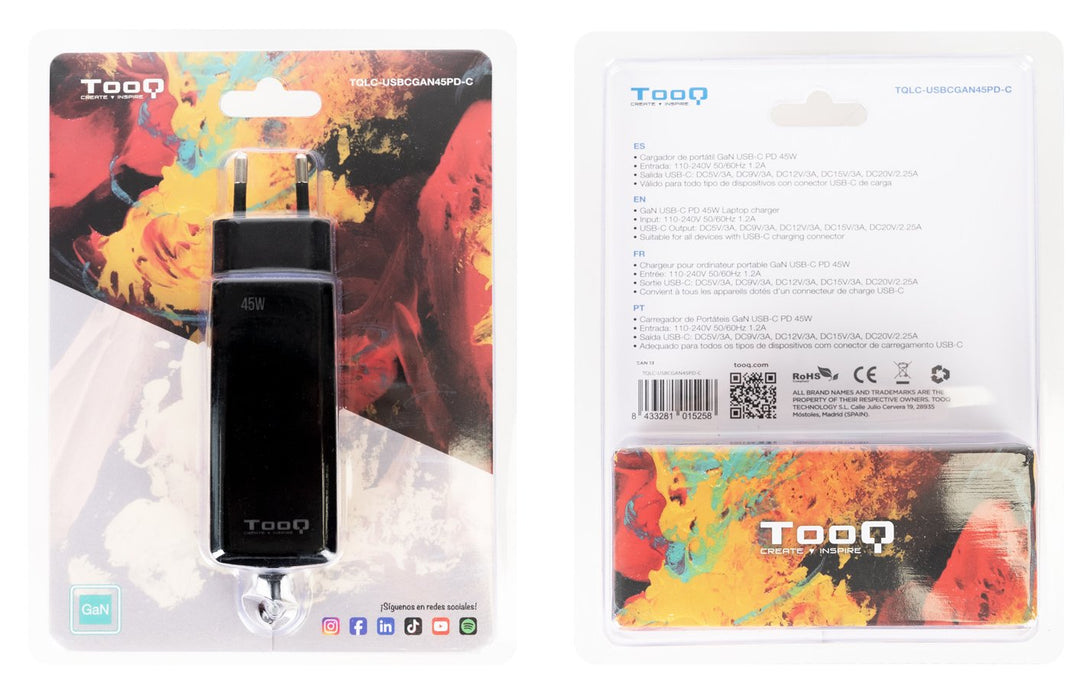 EAN 8433281015258 - TooQ TQLC-USBCGAN45PD-C cargador de dispositivo móvil Portátil, Universal Corriente alterna Interior imagen 5