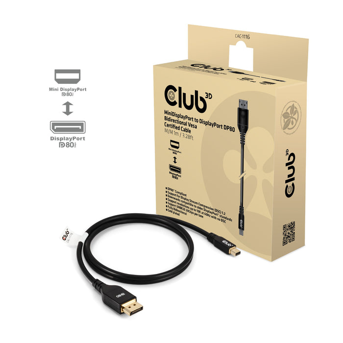 EAN 8719214473105 - CLUB3D MINIDISPLAYPORT TO DISPLAYPORT DP80 BIDIRECTIONAL VESA CERTIFIED CABLE 1M/3.28FT - Kabel - Digital imagen 1