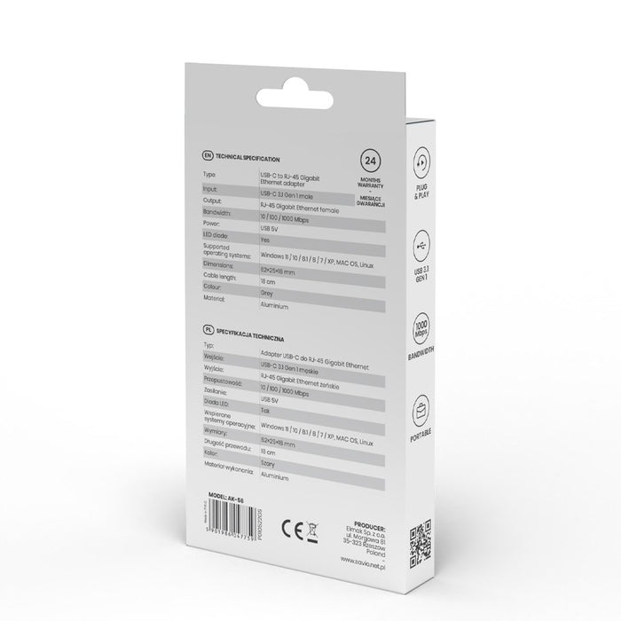 EAN 5901986047759 - Savio AK-56 Adapter USB-C 3.1 GEN 1 do RJ-45 Gigabit Ethernet USB Tipo C 1000 Mbit/s imagen 7