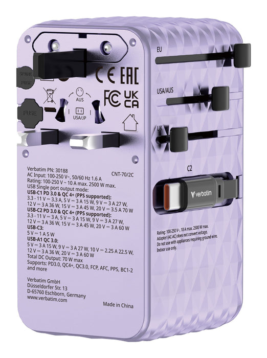 EAN 23942301882 - Verbatim 30188 cargador de dispositivo móvil Universal Púrpura Corriente alterna Carga rápida Interior imagen 5