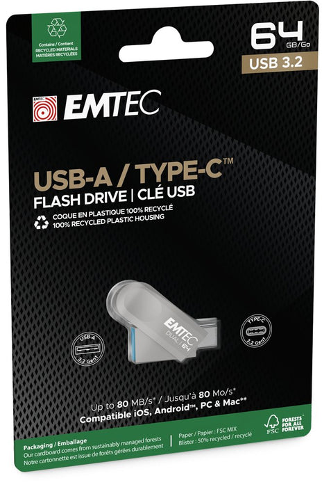 EAN 3126170182579 - Emtec D280 Dual unidad flash USB 64 GB USB Type-A / USB Type-C 3.2 Gen 1 (3.1 Gen 1) Plata imagen 3