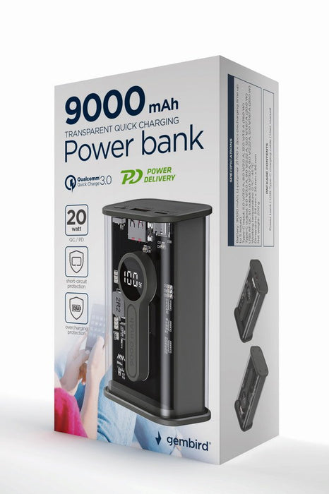 EAN 8716309127103 - Gembird PB09-TQC3-01 batería externa Polímero de litio 9000 mAh Negro, Transparente imagen 5
