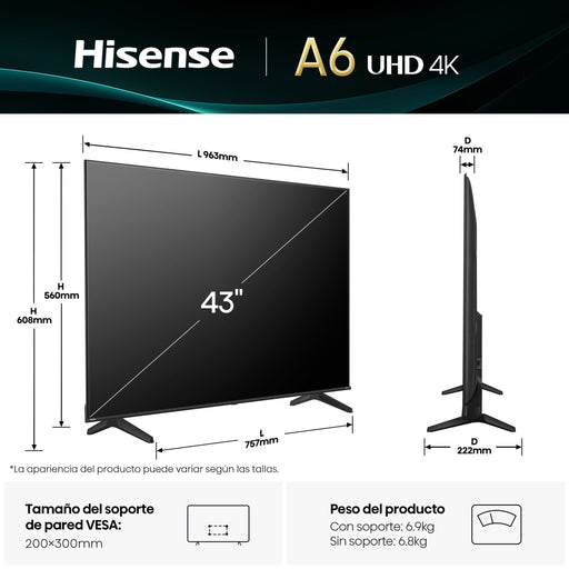 EAN 6942351415628 - Hisense 43A6Q Televisor 109,2 cm (43") 4K Ultra HD Smart TV Wifi Negro 300 cd / m² imagen 2