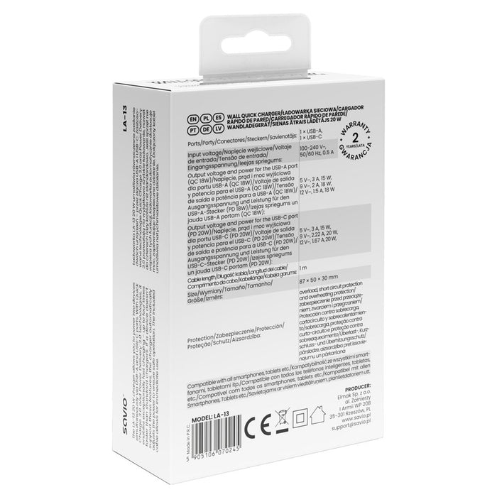 EAN 5905106070245 - Savio LA-13 cargador de dispositivo móvil Universal Blanco Corriente alterna Carga rápida Interior imagen 3