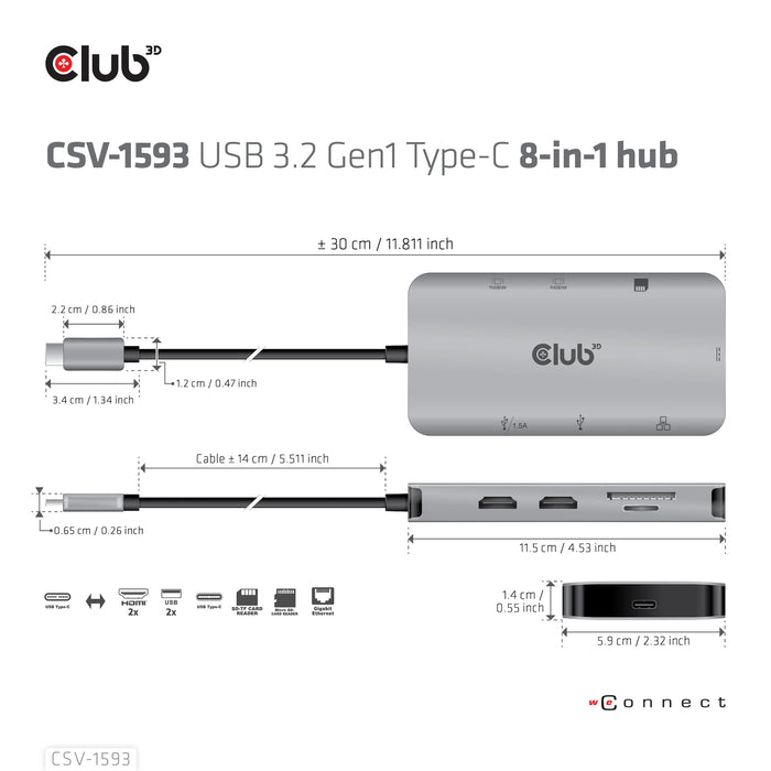 EAN 8719214471828 - CLUB3D CSV-1593 hub de interfaz USB 3.2 Gen 1 (3.1 Gen 1) Type-C 16200 Mbit/s Metálico imagen 6