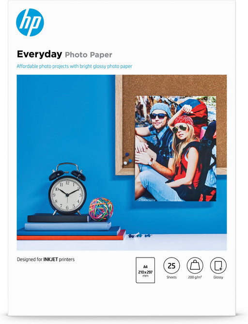 EAN 0829160102795 - HP Everyday Photo Paper, Glossy, 200 g/m2, A4 (210 x 297 mm), 25 sheets Negro, Azul, Blanco Semi-brillo imagen 1