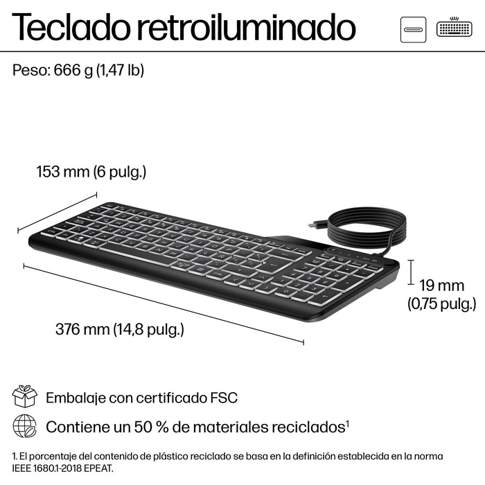 EAN 0197192768853 - HP 405 Multi-Device Backlit Wired Keyboard teclado Oficina USB QWERTY Inglés Negro imagen 8