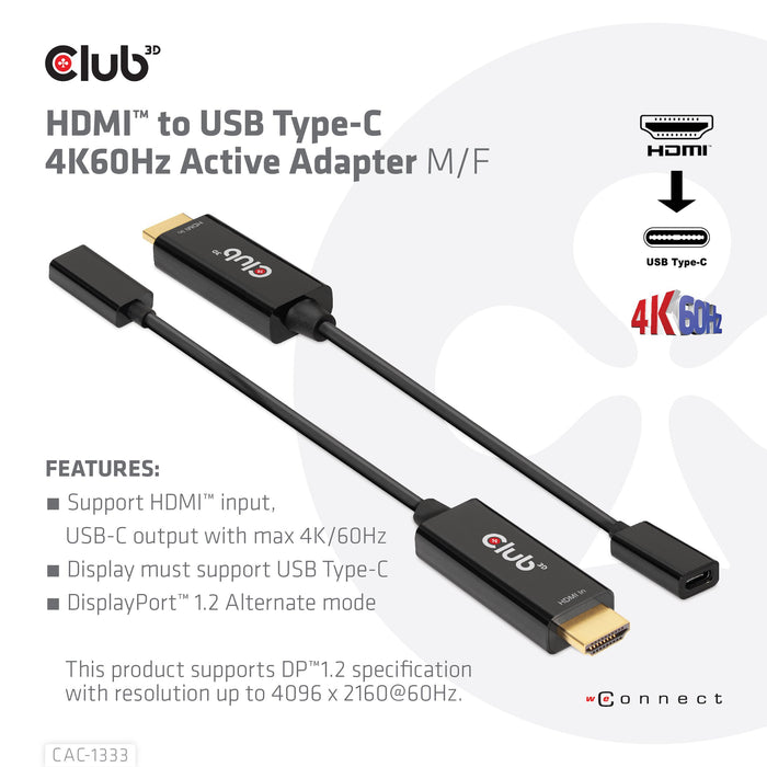 EAN 8719214472047 - CLUB3D CAC-1333 adaptador de cable de vídeo 0,22 m HDMI tipo A (Estándar) USB Tipo C Negro imagen 3