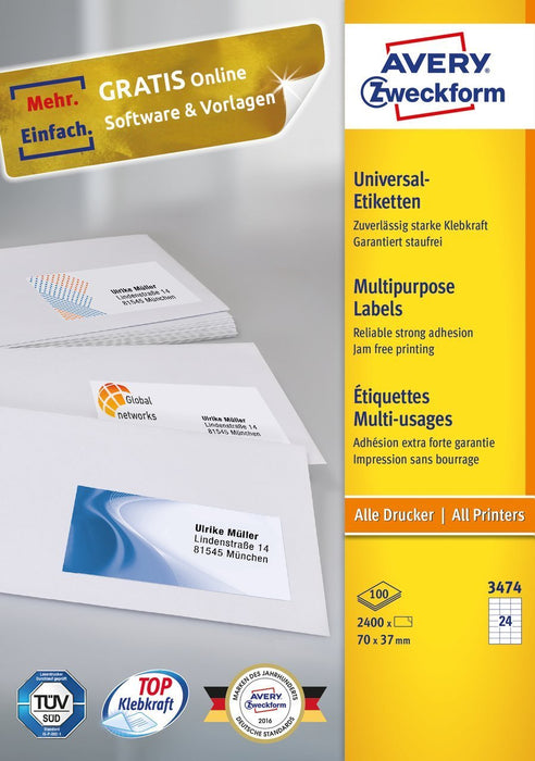 EAN 4004182034743 - Avery 3474 etiqueta autoadhesiva Rectángulo Permanente Blanco 2400 pieza(s) imagen 2