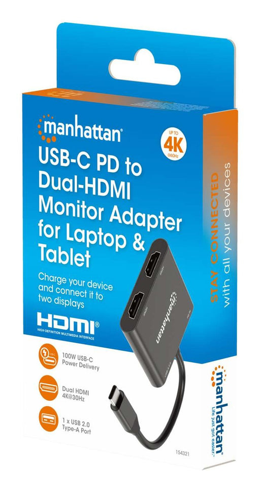 EAN 766623154321 - Manhattan 154321 adaptador de cable de vídeo 0,15 m USB Tipo C 2 x HDMI Negro imagen 2