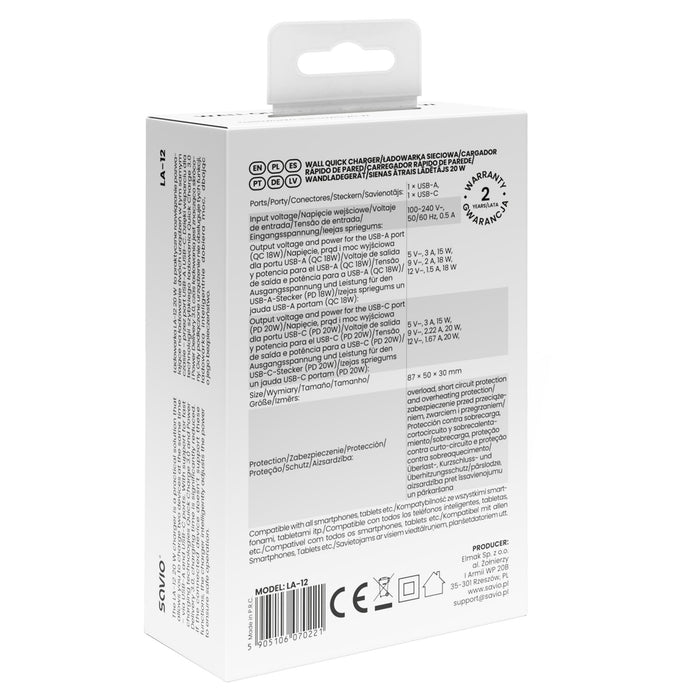 EAN 5905106070221 - Savio LA-12 cargador de dispositivo móvil Universal Blanco Corriente alterna Carga rápida Interior imagen 8