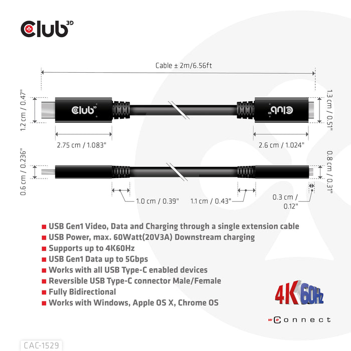 EAN 8719214472160 - CLUB3D USB C GEN1 EXT CABLE 5GBPS 4K60HZ M/F 1M cable USB 2 x USB C imagen 4