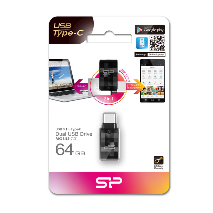 EAN 4712702655957 - Silicon Power Mobile C31 unidad flash USB 64 GB USB Type-A / USB Type-C 3.2 Gen 1 (3.1 Gen 1) Negro, Plat imagen 10