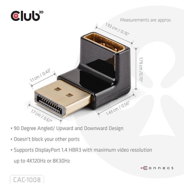 EAN 8719214473129 - CLUB3D DISPLAYPORT MALE TO DISPLAYPORT 1.4 FEMALE 90 DEGREE ANGLED ADAPTER 4K120HZ M/F - Adapter imagen 3