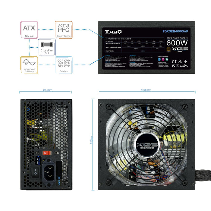 EAN 8433281007581 - TooQ TQXGEII-600SAP unidad de fuente de alimentación 600 W 20+4 pin ATX ATX Negro imagen 11