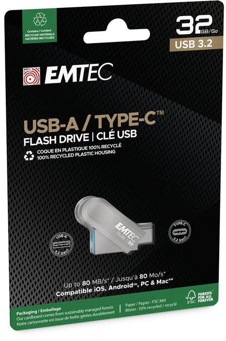 EAN 3126170182548 - Emtec D280 Dual unidad flash USB 32 GB USB Type-A / USB Type-C 3.2 Gen 1 (3.1 Gen 1) Plata imagen 3