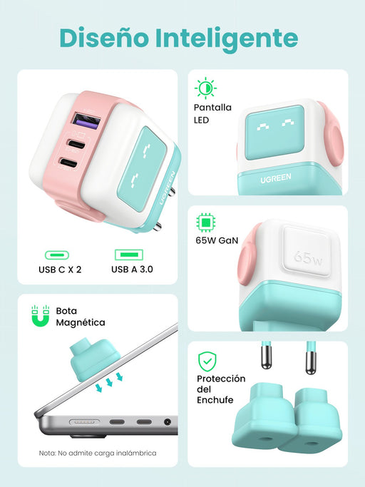 EAN 6941876238552 - Ugreen Uno RG 65W 3-Port GaN Fast Charger pink blue Ordenador portátil, Teléfono móvil, Portátil, Tableta imagen 2