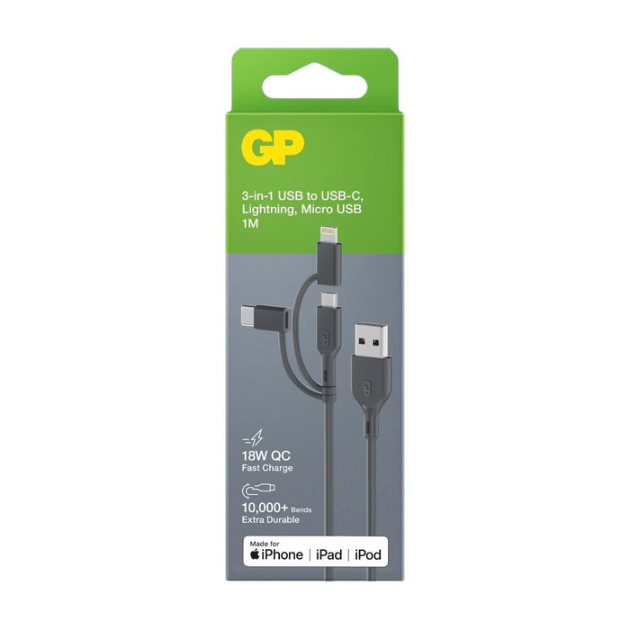 EAN 4891199206313 - GP Batteries CY1N cable USB 1 m USB A USB C/Micro-USB B/Lightning Gris imagen 2