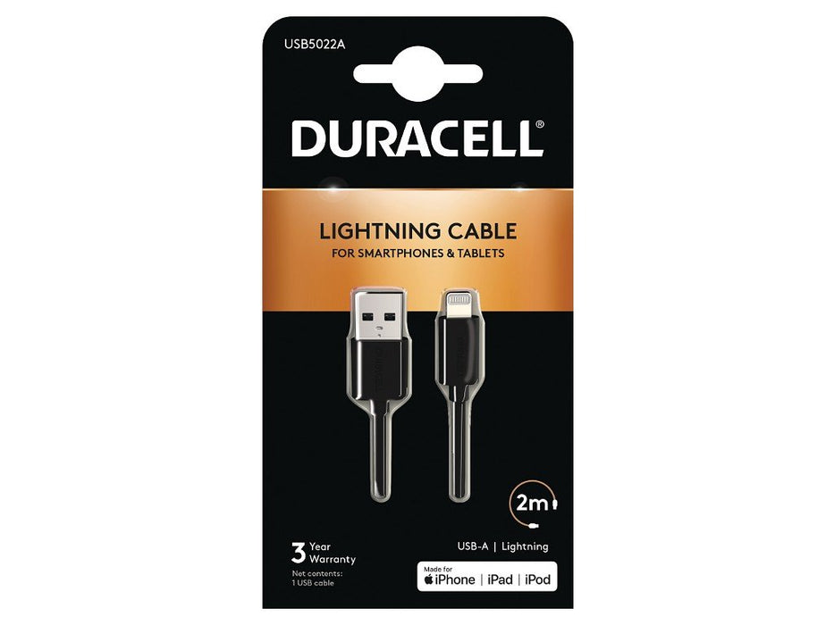 EAN 5055190170038 - Duracell USB5022A cable USB 2.0 2 m USB A Lightning Negro imagen 1