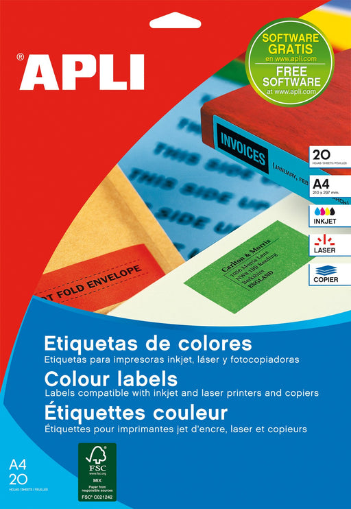 EAN 8410782016014 - APLI Self-adhesive labels 210 x 297mm Red etiqueta autoadhesiva Rectángulo Rojo 20 pieza(s) imagen 1