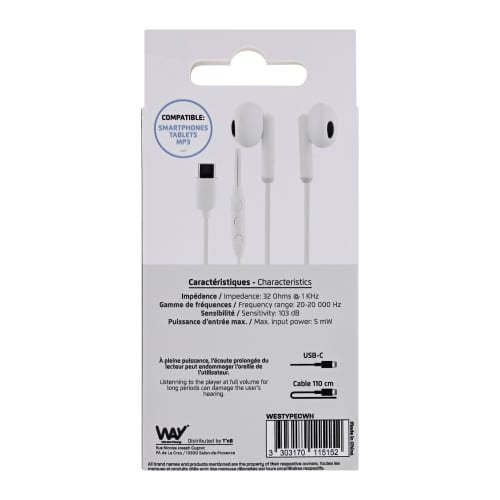 EAN 3303170115152 - T'nB WESTYPECWH auricular y casco Auriculares Alámbrico Dentro de oído Llamadas/Música USB Tipo C Blanco imagen 6