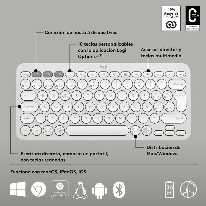 EAN 5099206111226 - Logitech 920-011828 teclado Universal RF Wireless + Bluetooth QWERTY Español Blanco imagen 11