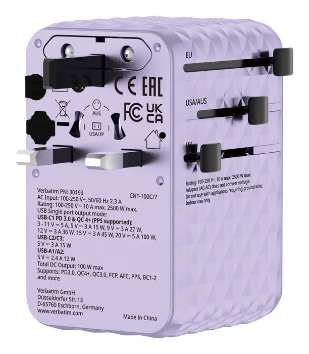 EAN 23942301936 - Verbatim 30193 cargador de dispositivo móvil Universal Púrpura Corriente alterna Carga rápida Interior imagen 5