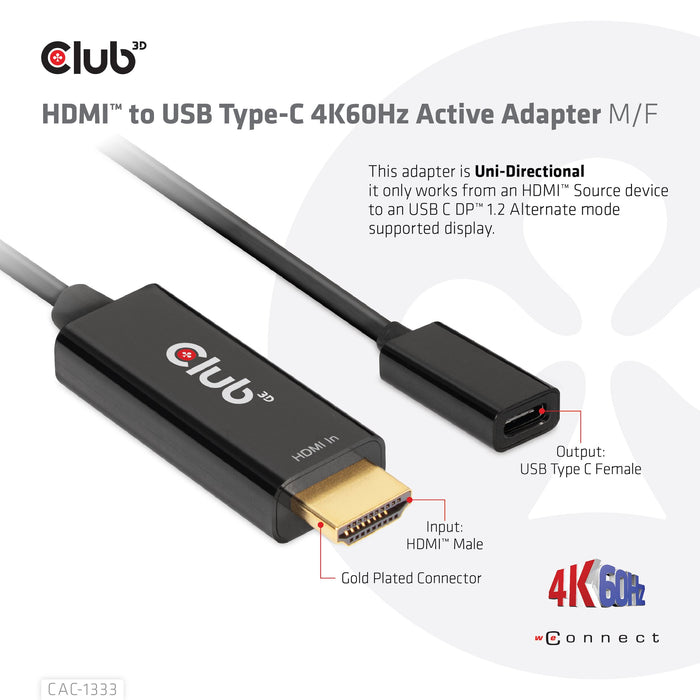 EAN 8719214472047 - CLUB3D CAC-1333 adaptador de cable de vídeo 0,22 m HDMI tipo A (Estándar) USB Tipo C Negro imagen 6