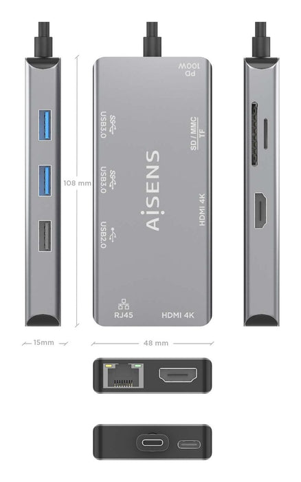 EAN 8435739901724 - AISENS ASUC-9P018-GR base para portátil y replicador de puertos Alámbrico USB 3.2 Gen 1 (3.1 Gen 1) Type- imagen 4