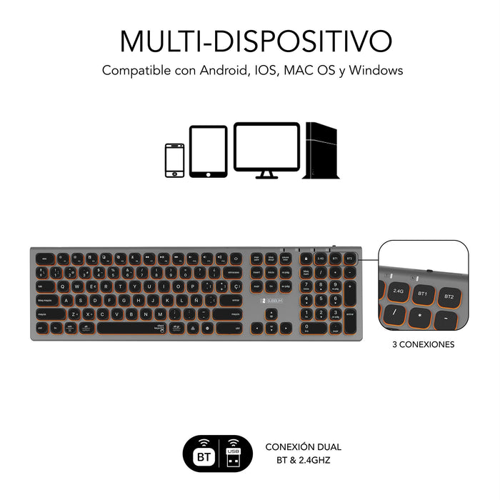 EAN 8436586742669 - SUBBLIM SUBKB-3MIE310 teclado Universal RF Wireless + Bluetooth QWERTY Español Negro, Gris imagen 4