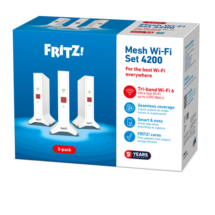 EAN 4023125031090 - Mesh Set FRITZ! 4200 3-pack Edition Inter Doble banda (2,4 GHz / 5 GHz) Wi-Fi 6E (802.11ax) Rojo, Blanco  imagen 6