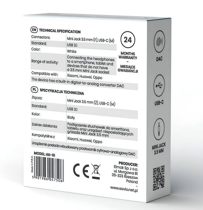 EAN 5901986047506 - Savio AK-51 cable de audio 0,11 m 3,5mm USB Tipo C Blanco imagen 3