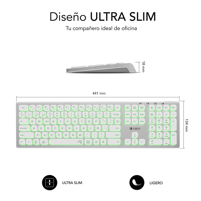EAN 8436586742652 - SUBBLIM SUBKB-3MIE300 teclado Universal RF Wireless + Bluetooth QWERTY Español Plata, Blanco imagen 5