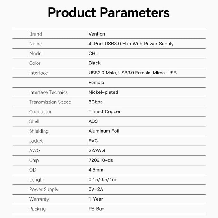 EAN 6922794746633 - Vention CHLBD hub de interfaz USB 3.2 Gen 1 (3.1 Gen 1) Type-A 5000 Mbit/s Negro imagen 6
