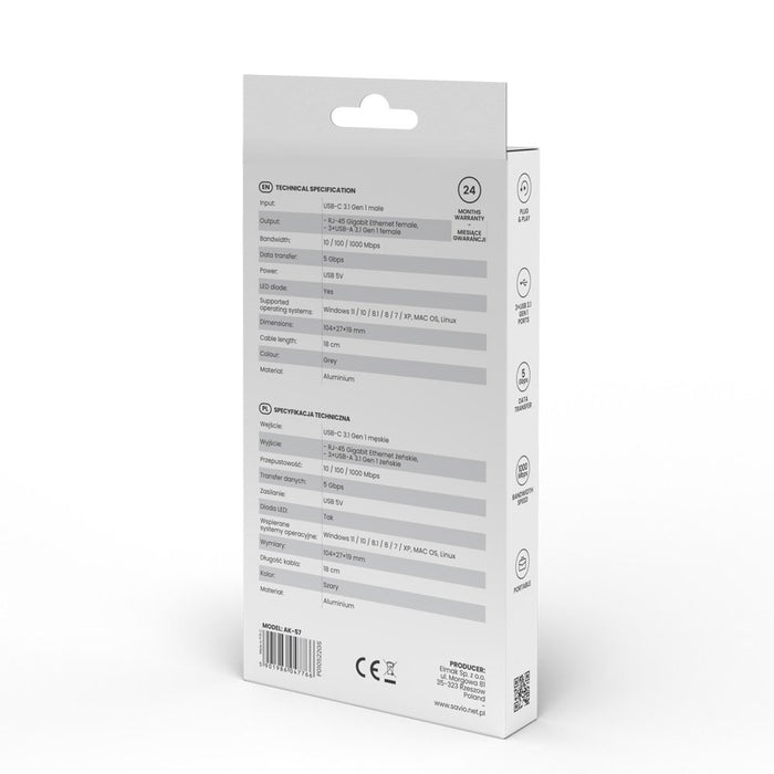 EAN 5901986047766 - Savio AK-57 USB-C - 3 x USB-A HUB with RJ-45 Gigabit Ethernet adapter 5000 Mbit/s grey 2 x USB 3.2 Gen 2  imagen 9