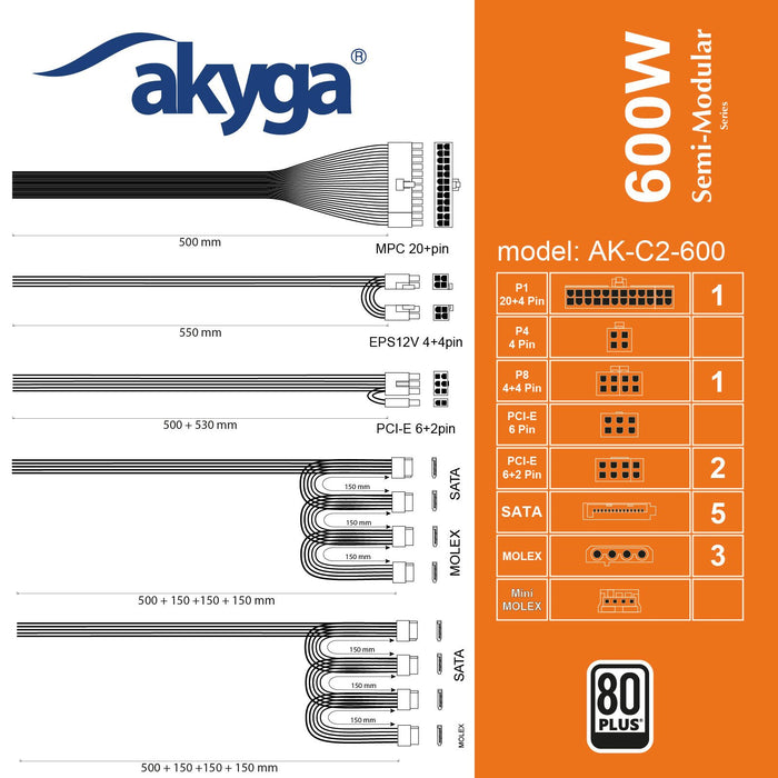 EAN 5901720139566 - Akyga AK-C2-600 unidad de fuente de alimentación 600 W 20+4 pin ATX ATX Negro imagen 7