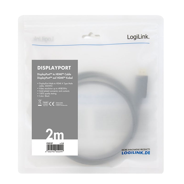EAN 4052792052299 - LogiLink CV0127 adaptador de cable de vídeo 2 m DisplayPort HDMI tipo A (Estándar) Negro imagen 3