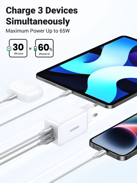 EAN 6941876213344 - Ugreen Nexode USB-A+2*USB-C 65W GaN Tech Fast Charger White Lector de libros electrónicos, Auriculares, A imagen 5
