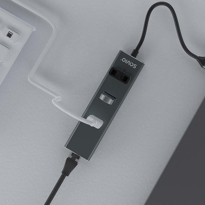 EAN 5901986047766 - Savio AK-57 USB-C - 3 x USB-A HUB with RJ-45 Gigabit Ethernet adapter 5000 Mbit/s grey 2 x USB 3.2 Gen 2  imagen 4