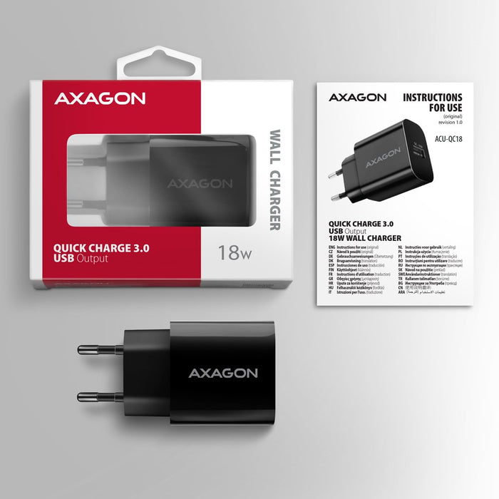 EAN 8595247908339 - Axagon ACU-QC18 kroviklis jungiama tinkl QC 18W, 1x port USB-A, QC3.0/AFC/FCP/SMART Juoda Teléfono móvil, imagen 8