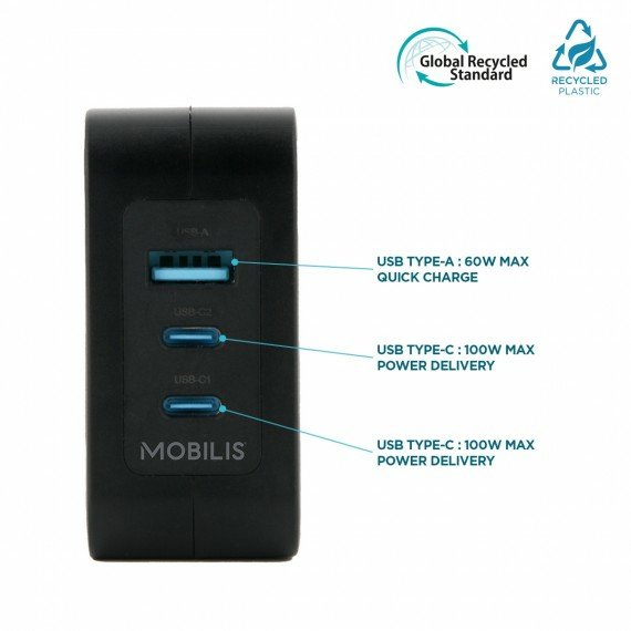 EAN 3700992530437 - Mobilis Charger 100W 2USB C 1USBA GaN cable 100W Portátil, Smartphone, Tableta Negro Corriente alterna In imagen 3