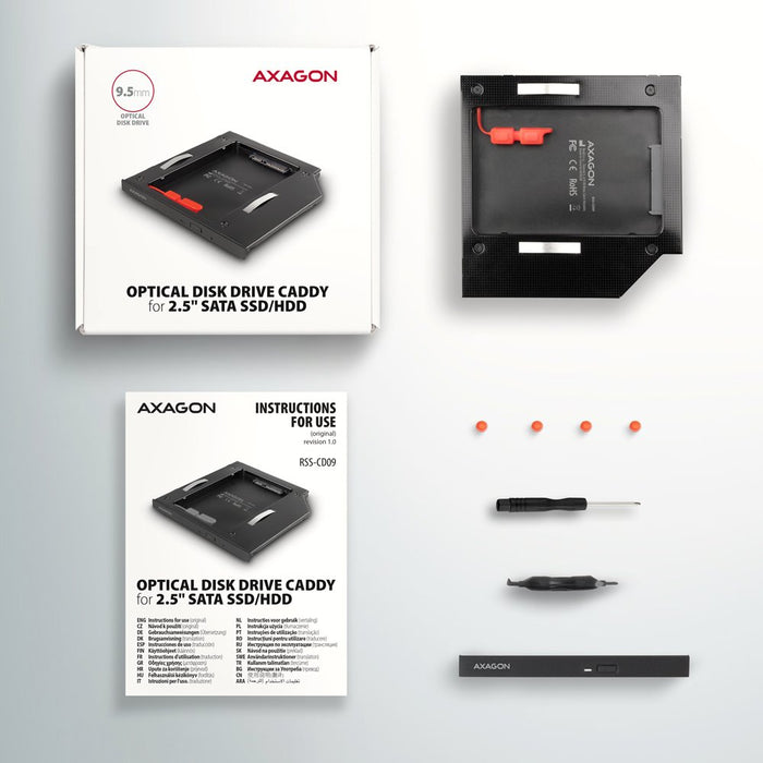 EAN 8595247906533 - Axagon RSS-CD09 2.5 SSD/HDD caddy into DVD slot 9.5 mm LED ALU tarjeta y adaptador de interfaz Interno SA imagen 8