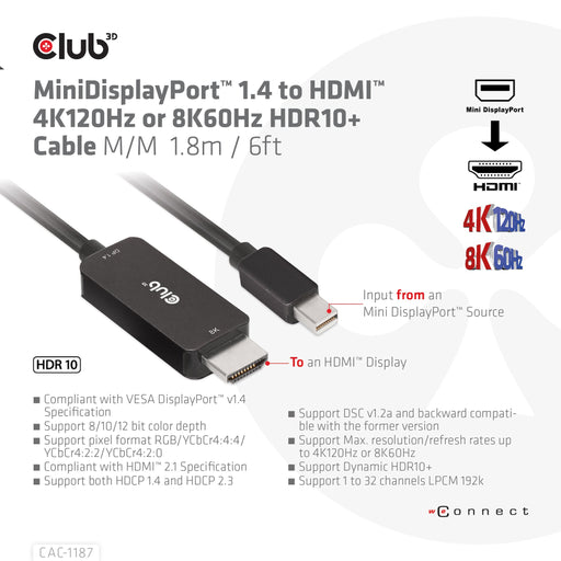 EAN 8719214472535 - CLUB3D CAC-1187 adaptador de cable de vídeo 1,8 m Mini DisplayPort HDMI Negro imagen 2