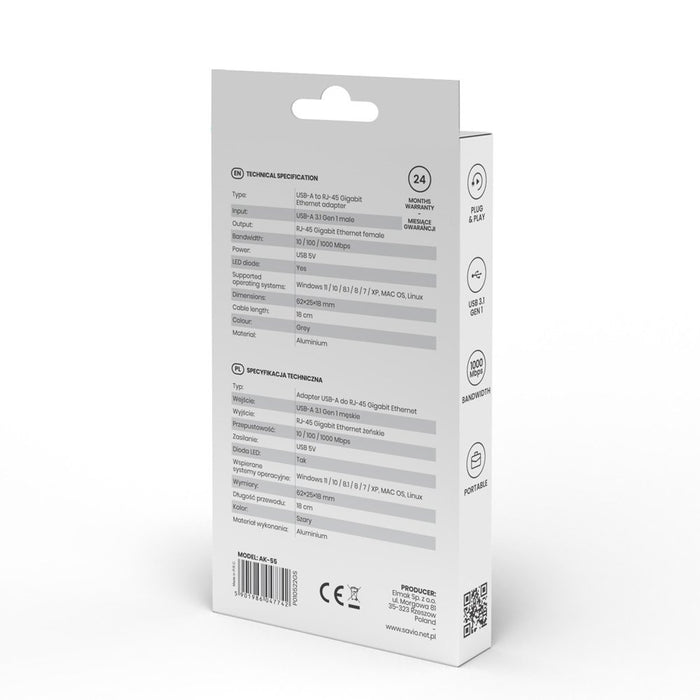 EAN 5901986047742 - Savio AK-55 Adapter USB-A 3.1 GEN 1 do RJ-45 Gigabit Ethernet USB 3.2 Gen 1 (3.1 Gen 1) Type-A 1000 Mbit/ imagen 8