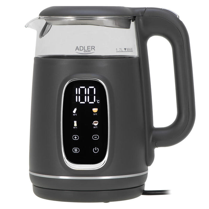 Adler Ad 1305 Electric Kettle, Glass With Led Display & Temperature Regulation, 1.7l, Grey