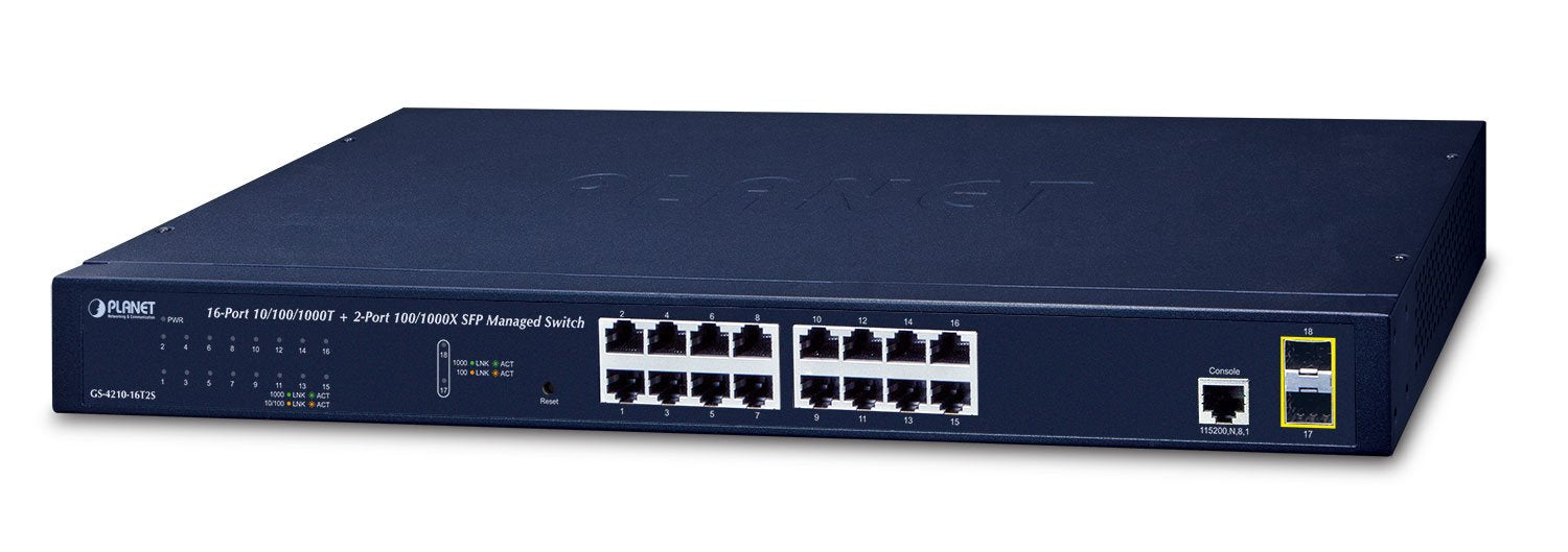 EAN 4711605280778 - PLANET GS-4210-16T2S switch Gestionado L2/L4 Gigabit Ethernet (10/100/1000) 1U Azul imagen 1